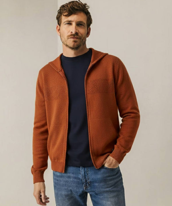 Pull à capuche avec fermeture éclair rouge brique en merino